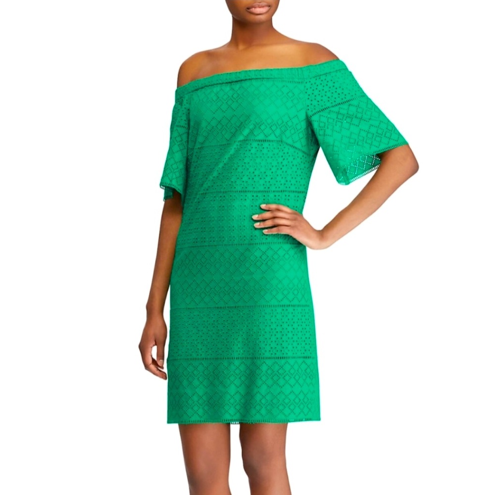 RALPH LAUREN Kelly Green Eyelet Dress Wear On/Off Shoulders Sz 10 NWT MSRP $195
